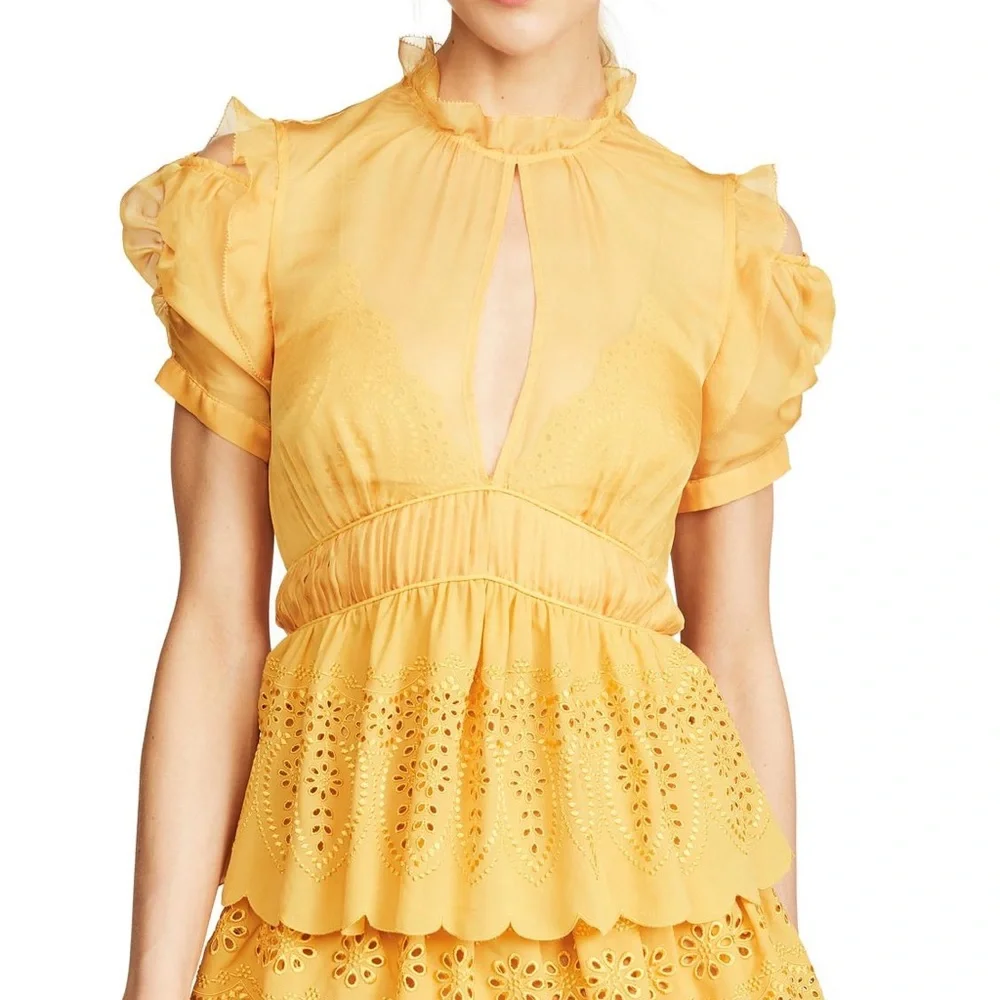 Self-Portrait NWT Tiered Chiffon Mini Cocktail Yellow Mustard Marigold US 2 UK 6 - Picture 3 of 8